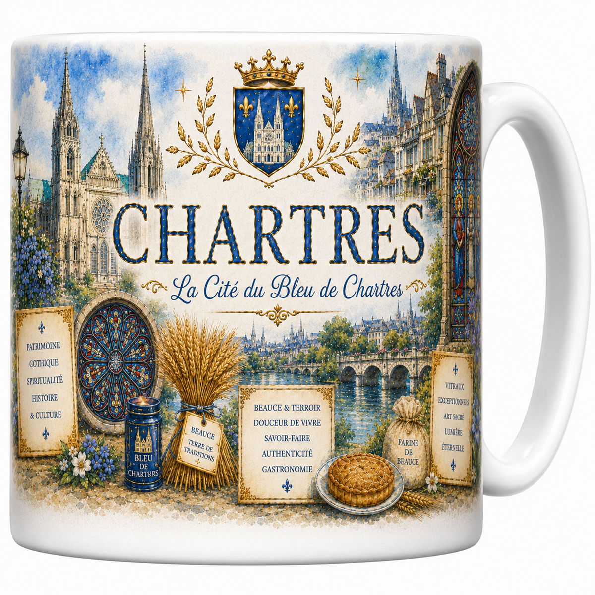 Mug céramique blanc, illustration aquarelle de Chartres, cathédrale gothique et vitraux bleus