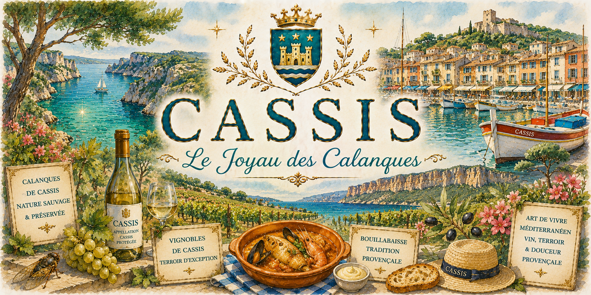 Design imprimé du mug Cassis, illustration aquarelle des calanques, du cap Canaille et du vin de Cassis