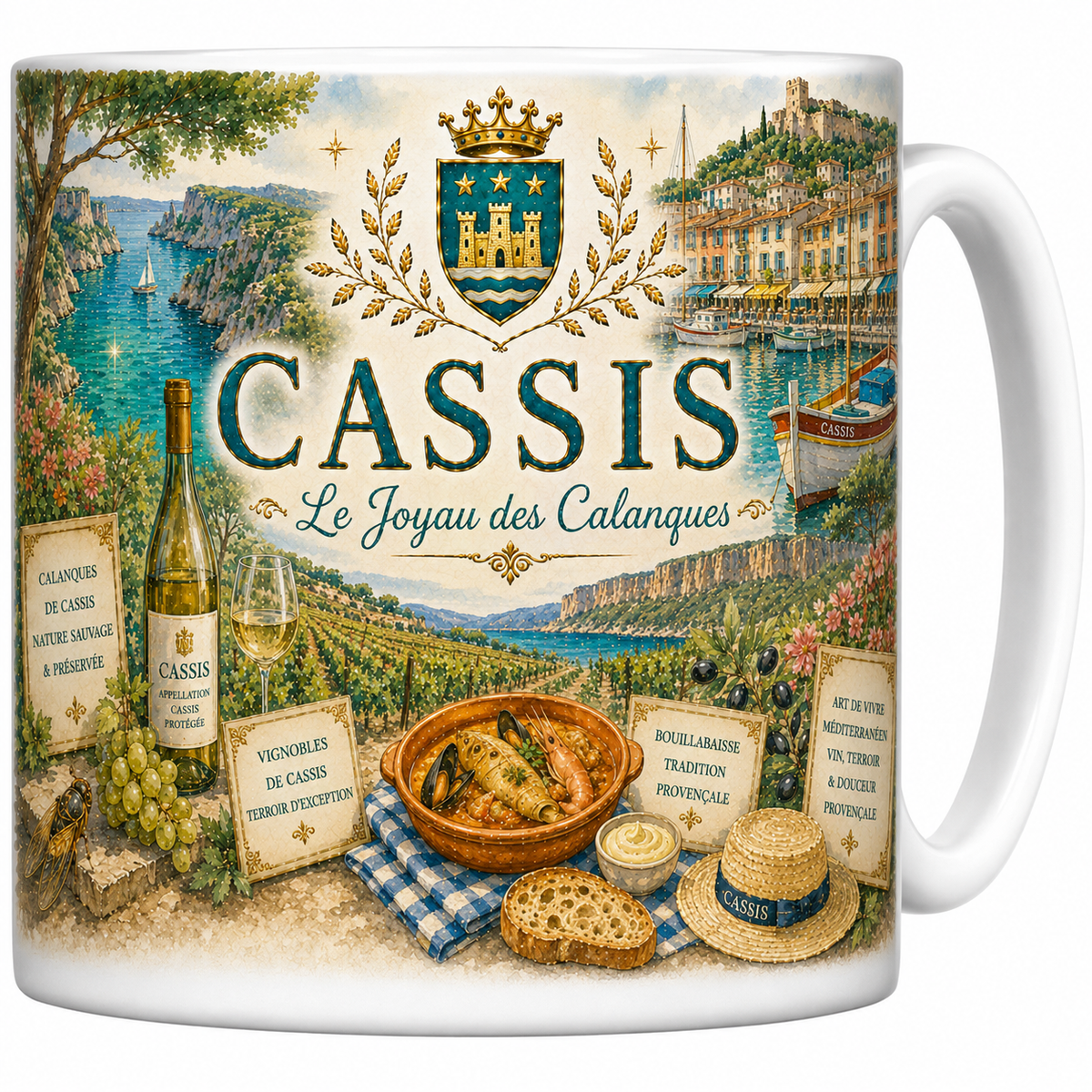 Mug céramique blanc, illustration aquarelle de Cassis, calanques et port de pêche
