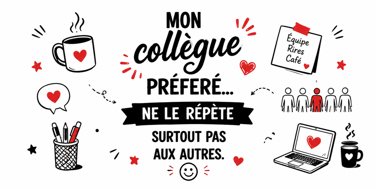 Design imprimé du mug Mon collègue préféré, illustration humoristique avec cœurs, ordinateur portable et pot à crayons