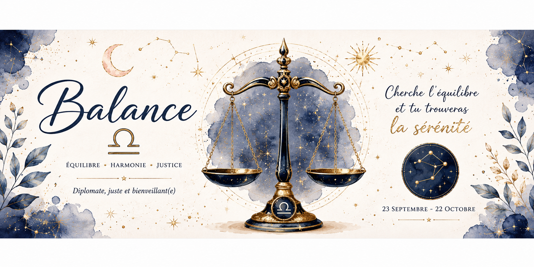 Design imprimé du mug Balance, illustration aquarelle de la balance dorée, du signe d'air et de la constellation
