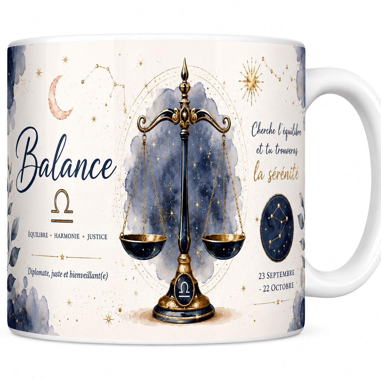 Mug céramique blanc, illustration aquarelle du signe de la Balance, balance dorée et constellation sur fond bleu nuit