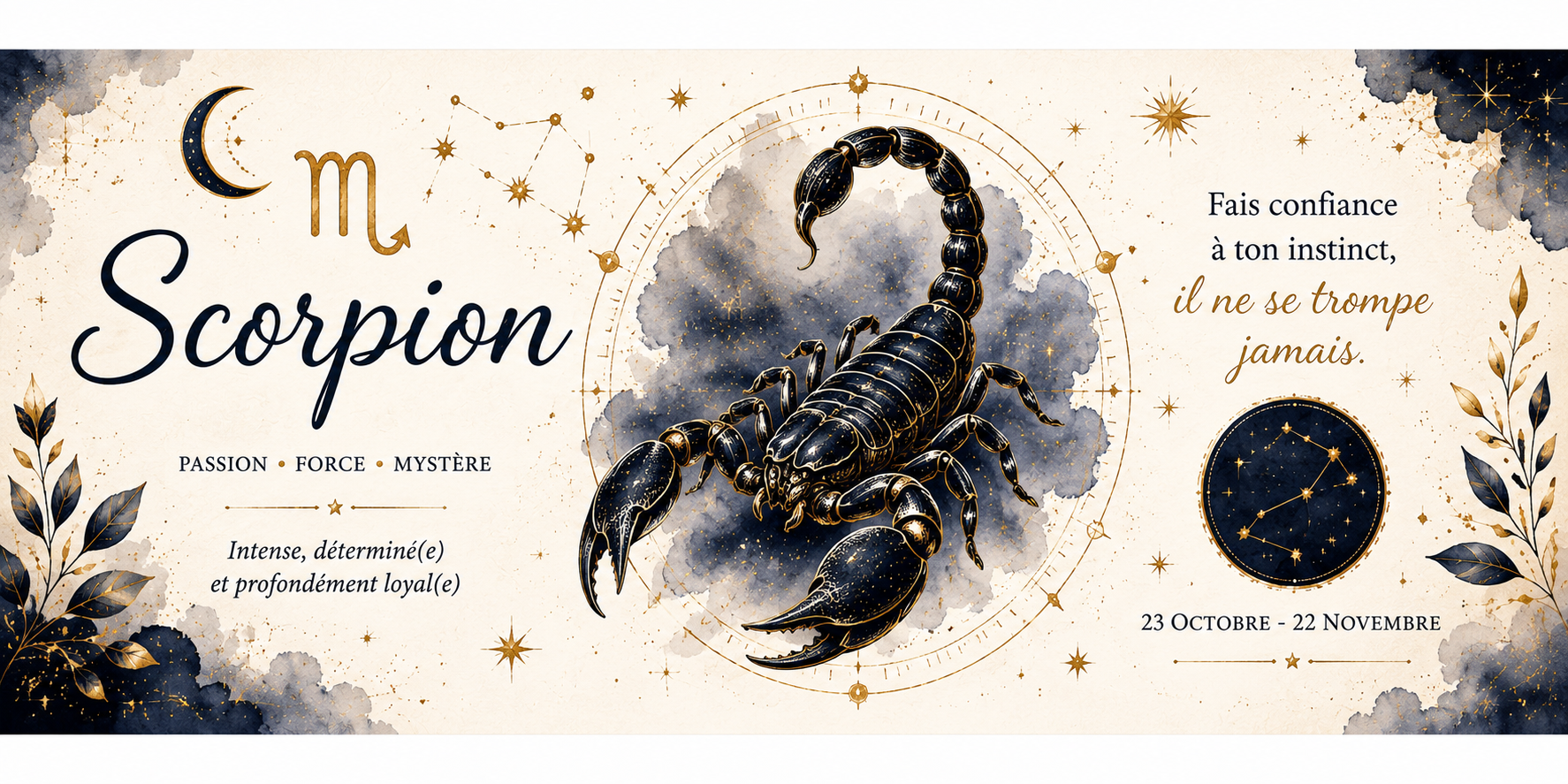 Design imprimé du mug Scorpion, illustration aquarelle du scorpion noir et or, du signe d'eau et de la constellation