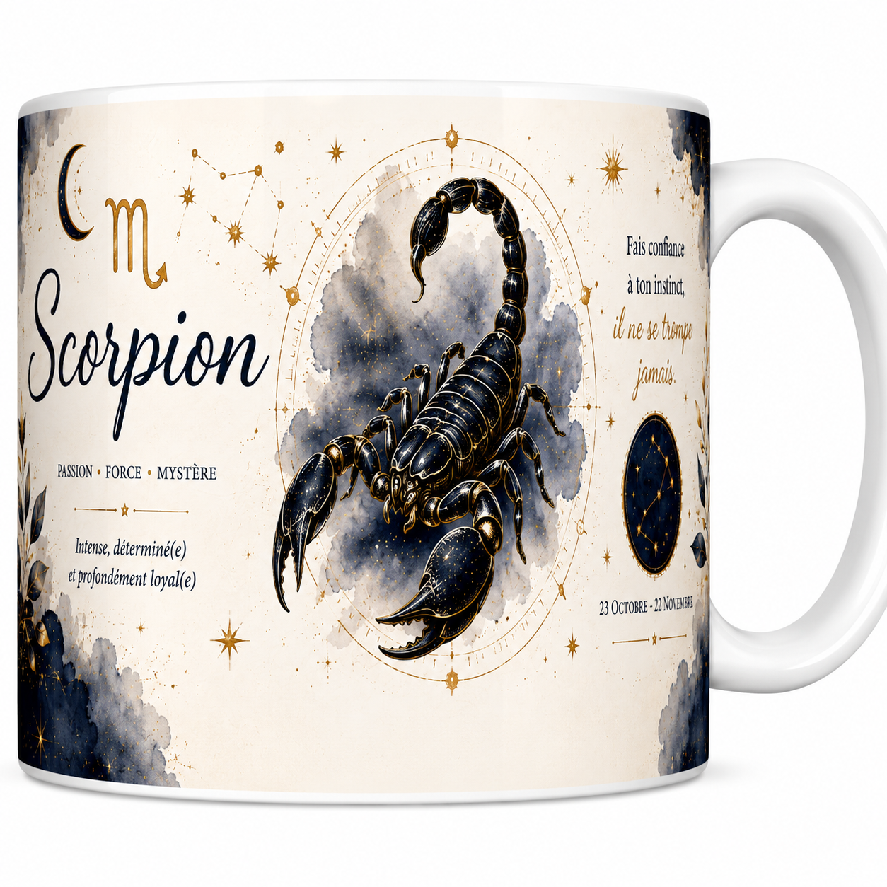 Mug céramique blanc, illustration aquarelle du signe du Scorpion, scorpion noir et or et constellation sur fond bleu nuit