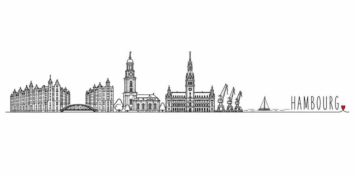 Skyline de Hambourg dessiné au trait noir continu, de gauche à droite : les entrepôts à pignons de la Speicherstadt, le pont métallique en arc, l'église et sa tour à horloge coiffée d'une coupole, l'hôtel de ville néo-renaissance et sa flèche, les grues du port — avec le nom HAMBOURG en capitales espacées et un petit cœur rouge