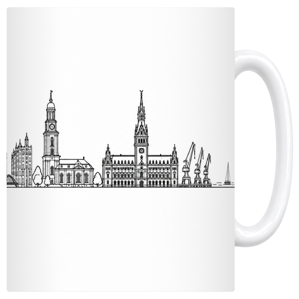 Mug blanc en céramique 330 ml illustré du skyline de Hambourg au trait noir : les entrepôts à pignons de la Speicherstadt, l'église et l'hôtel de ville
