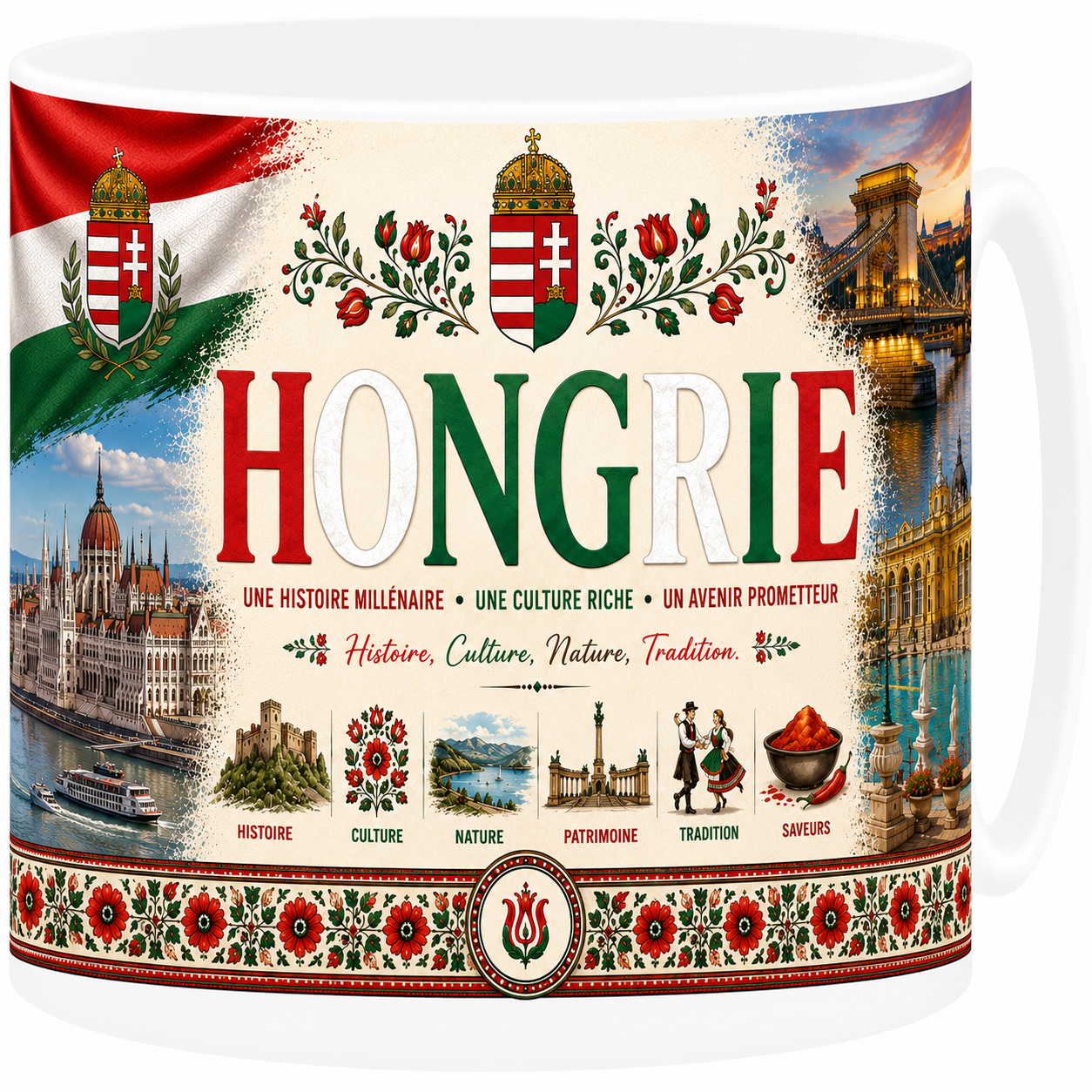 Mug souvenir Hongrie en céramique blanche illustrant Budapest, le Parlement et le Danube