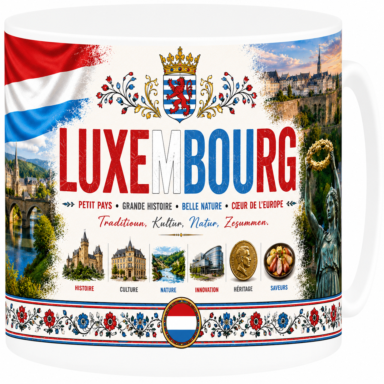 Mug souvenir Luxembourg en céramique blanche illustrant la vieille ville et les casemates