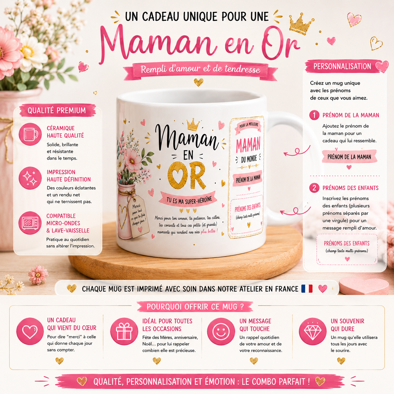 Autre vue du mug maman en or personnalisé, prénom et enfants