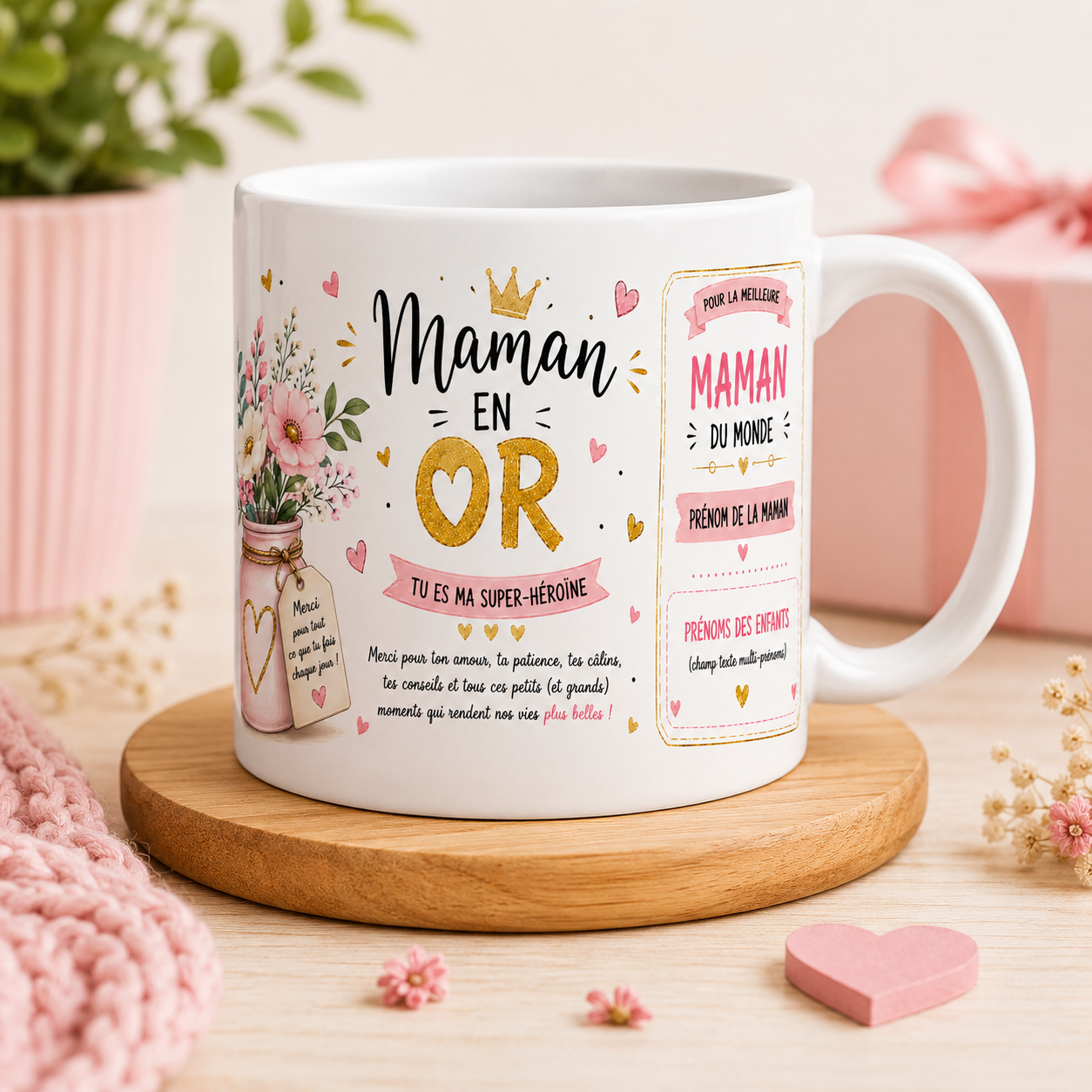 Mug céramique blanc, maman en or personnalisée, prénom et enfants