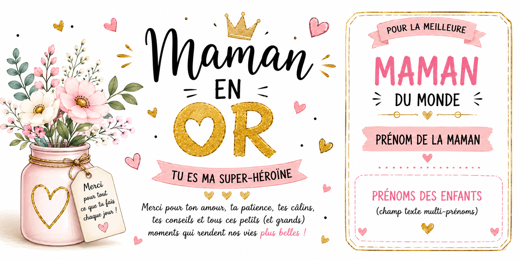 Design imprimé du mug Maman en Or Personnalisé, maman en or personnalisée, prénom et enfants