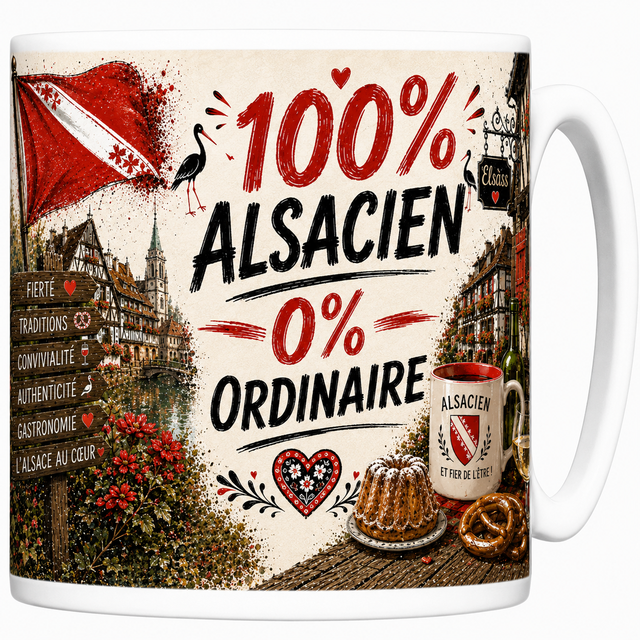 Mug 100% Alsacien 0% ordinaire en céramique, colombages, cigognes et kouglof imprimés