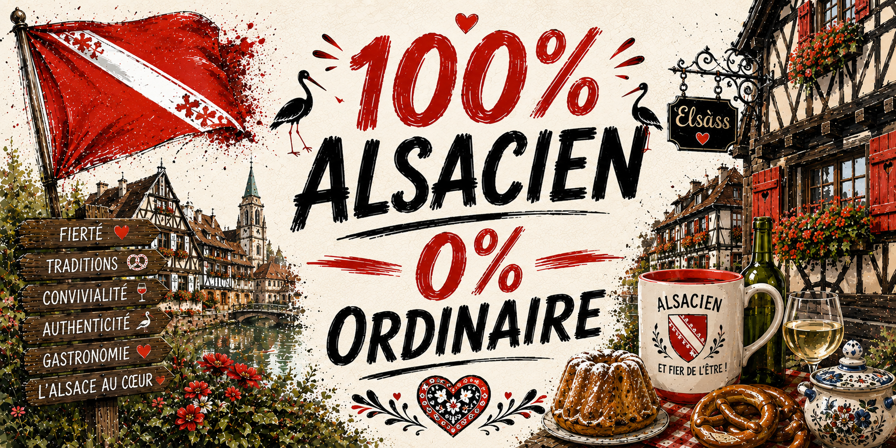 Visuel 100% Alsacien 0% ordinaire : canal de Colmar, cigognes, kouglof, bretzel et pot en faïence