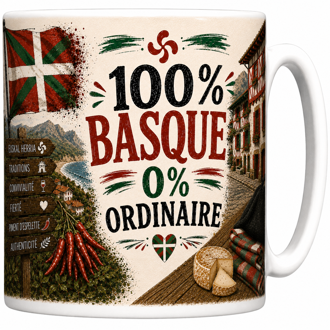 Mug 100% Basque 0% ordinaire en céramique, ikurriña, lauburu et piments d'Espelette