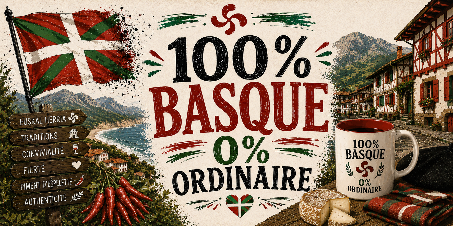 Visuel 100% Basque 0% ordinaire : côte, village labourdin, piments d'Espelette, ossau-iraty et béret