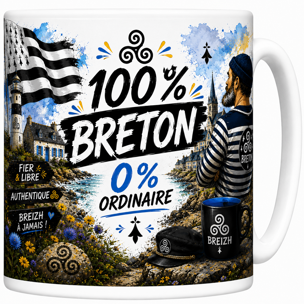 Mug 100% Breton 0% ordinaire en céramique, marin en marinière, phare et Gwenn ha Du imprimés