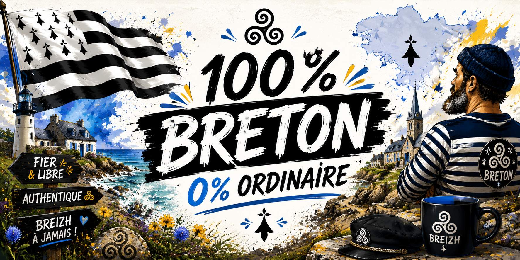 Visuel 100% Breton 0% ordinaire : marin en marinière, béret, bol Breizh, triskell et panneaux Fier et libre