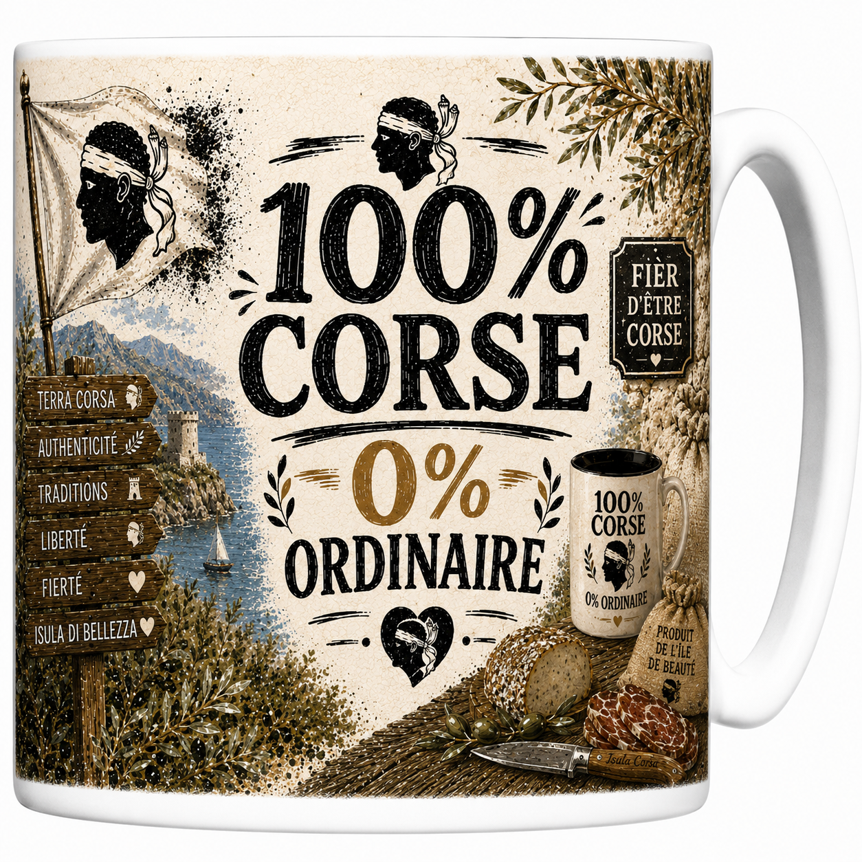 Mug 100% Corse 0% ordinaire en céramique, tête de Maure, tour génoise et maquis