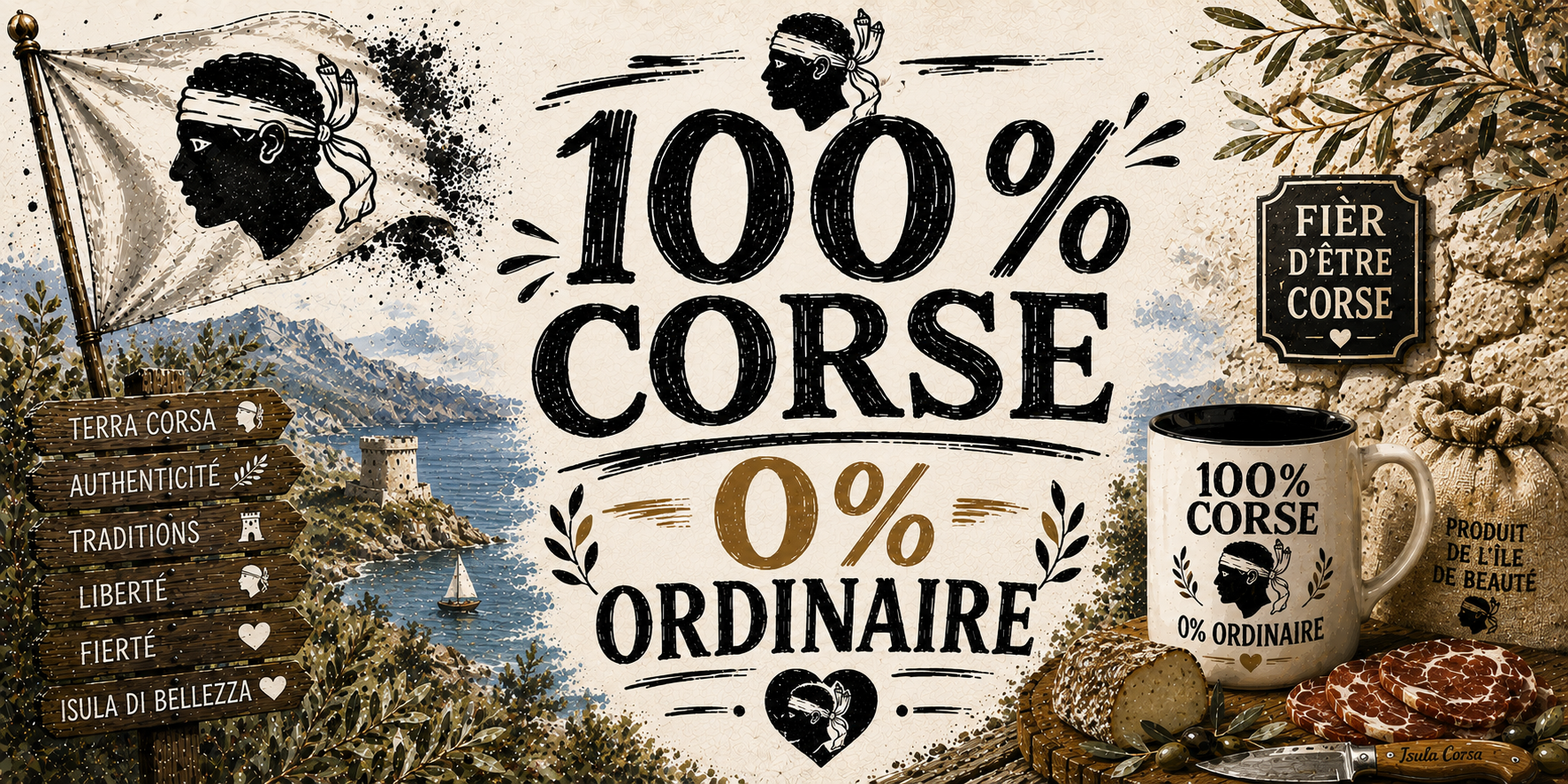 Visuel 100% Corse 0% ordinaire : côte et tour génoise, olivier, pain, coppa et Produit de l'Île de Beauté