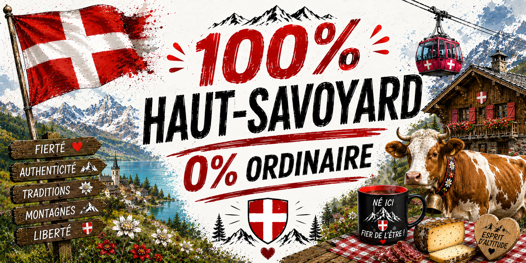 Visuel 100% Haut-Savoyard 0% ordinaire : lac, vache, mug Né ici fier de l'être et cœur Esprit d'altitude