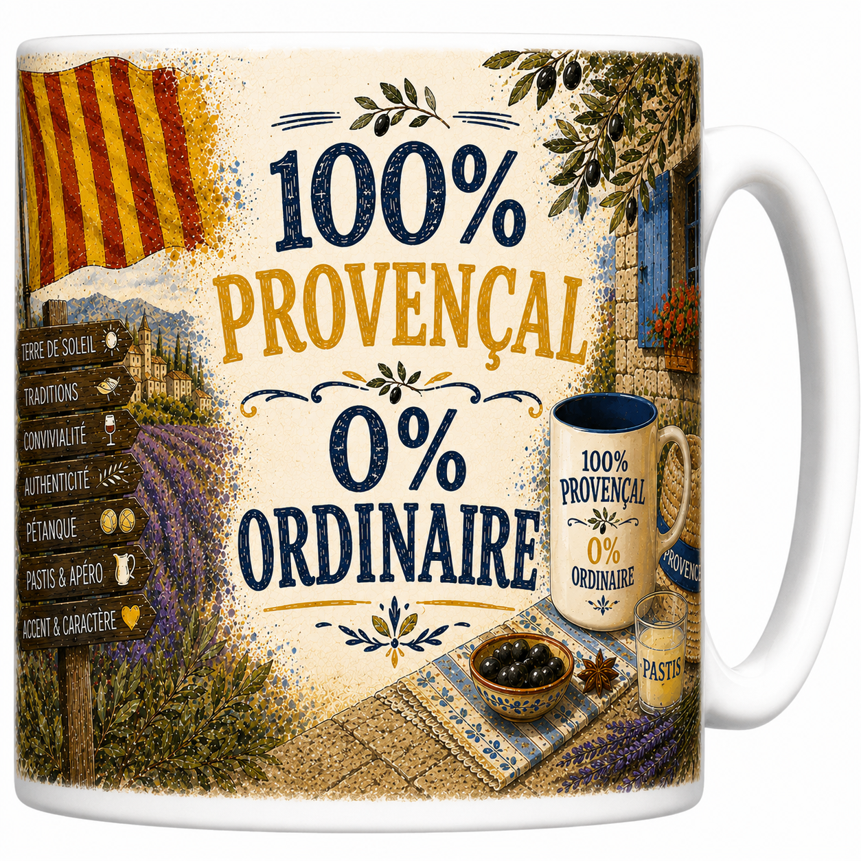 Mug 100% Provençal 0% ordinaire en céramique, drapeau provençal, lavande et olives