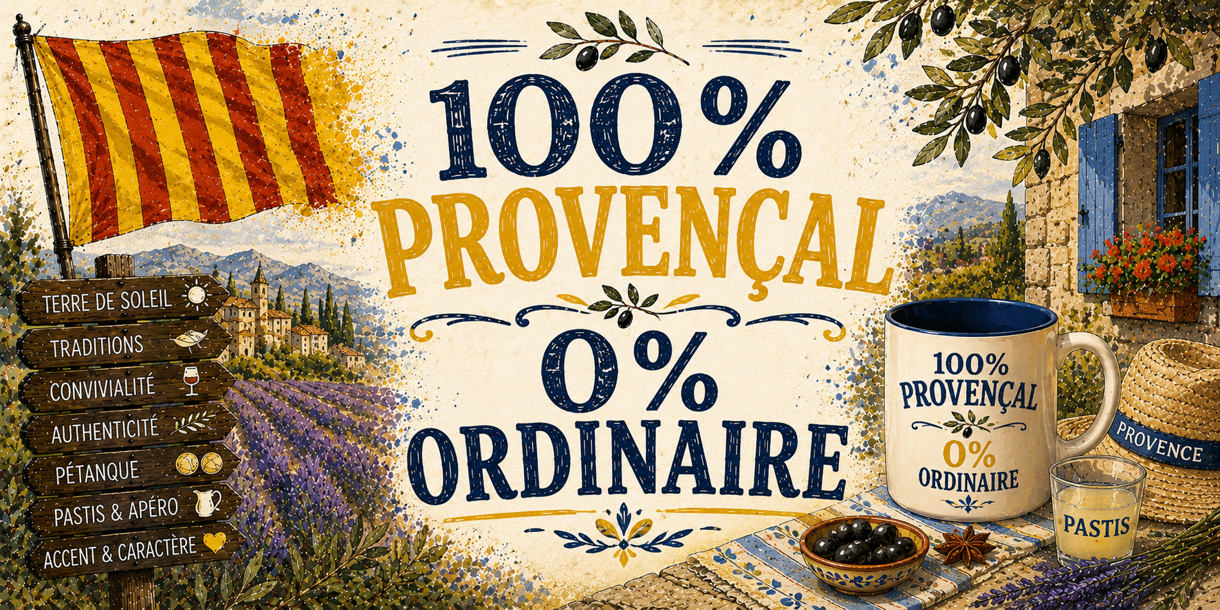 Visuel 100% Provençal 0% ordinaire : lavande, mas aux volets bleus, olives, anis étoilé et pastis