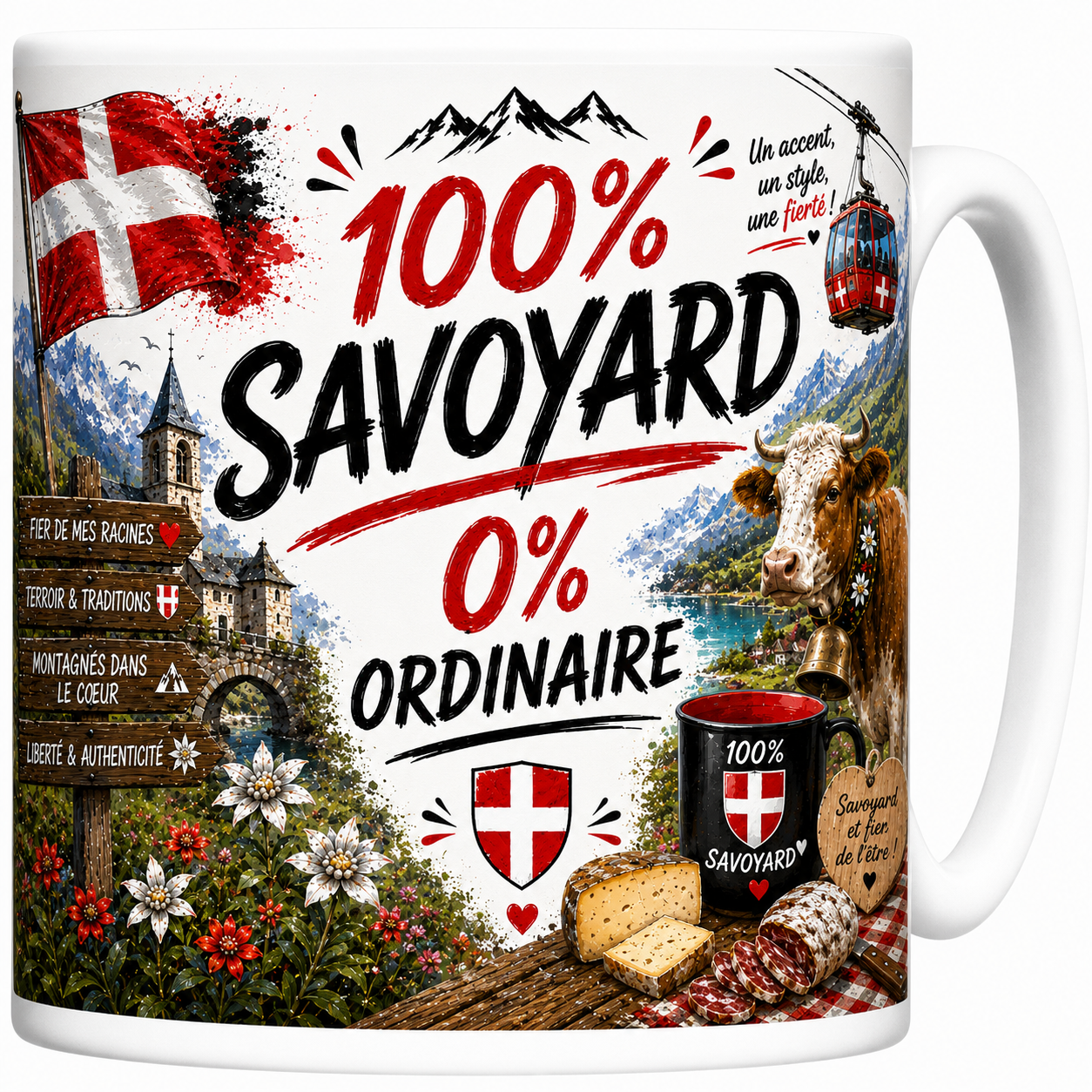 Mug 100% Savoyard 0% ordinaire en céramique, croix de Savoie, lac de montagne et tomme