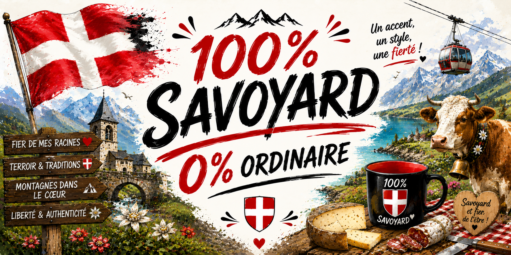 Visuel 100% Savoyard 0% ordinaire : lac, vache, tomme, saucisson et Un accent un style une fierté