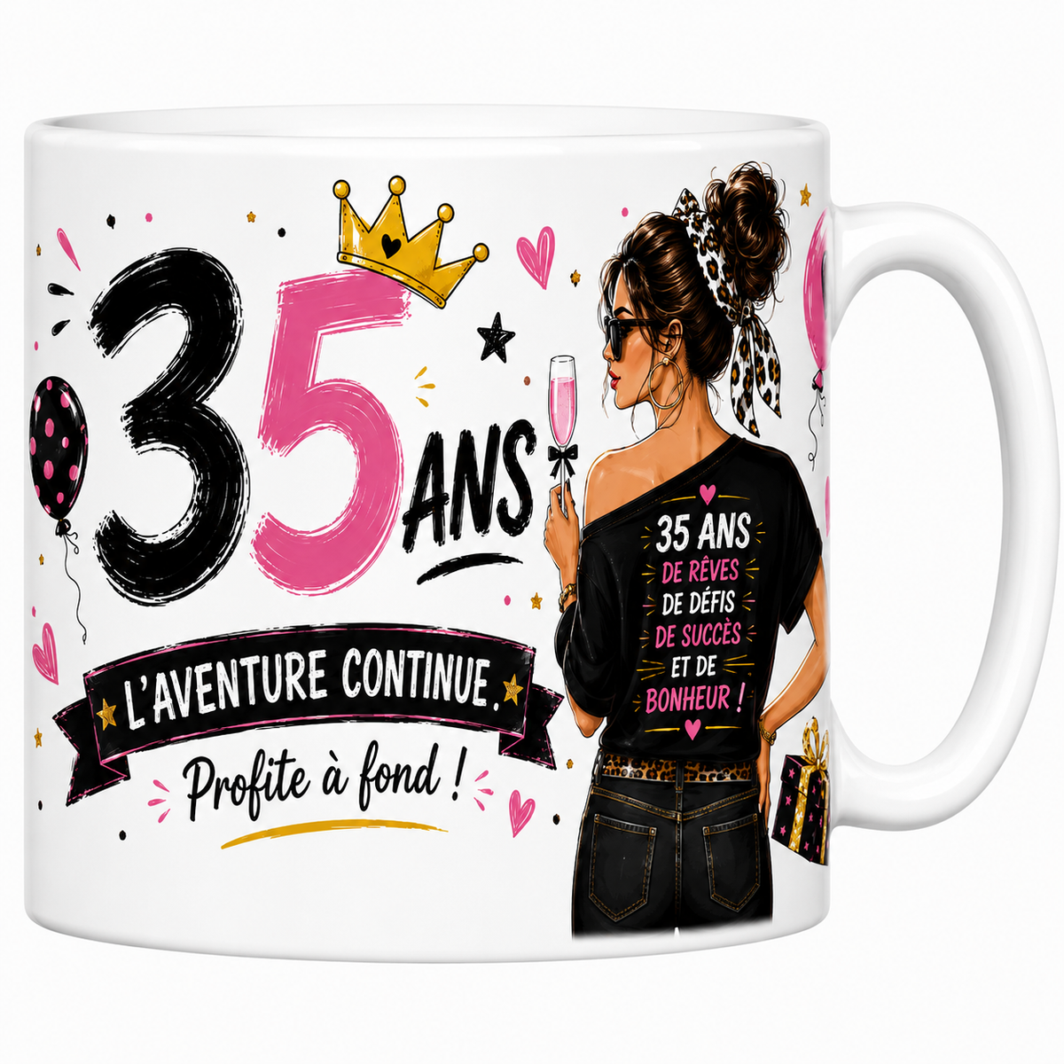 Mug 35 ans femme 330 ml, t-shirt 35 ans de rêves de défis de succès et de bonheur, chiffres noir et rose