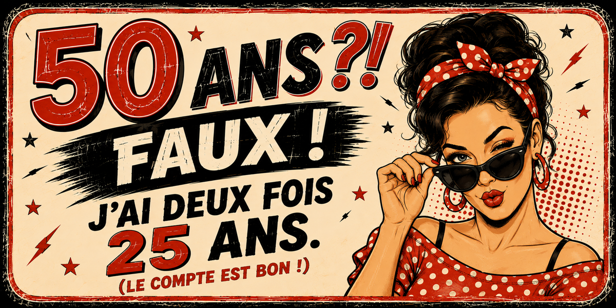 Visuel 50 ans femme « Faux ! J'ai deux fois 25 ans, le compte est bon » : pin-up à pois rouges
