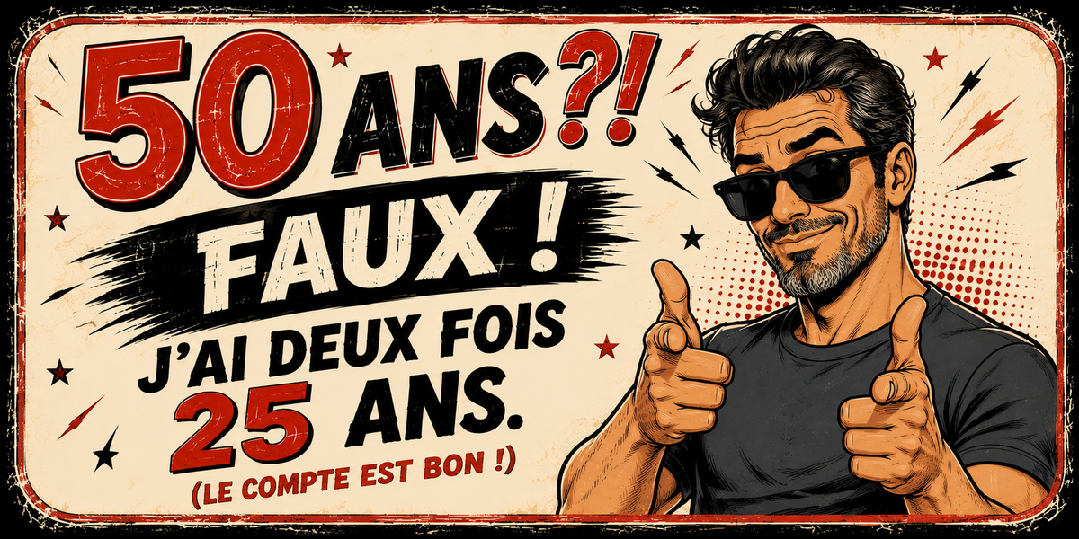 Visuel 50 ans homme « Faux ! J'ai deux fois 25 ans » : homme à lunettes noires, pouce levé, fond rétro
