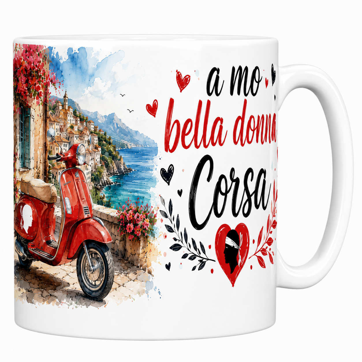 Mug A mo bella donna Corsa en céramique blanche, Vespa rouge à tête de Maure et village corse