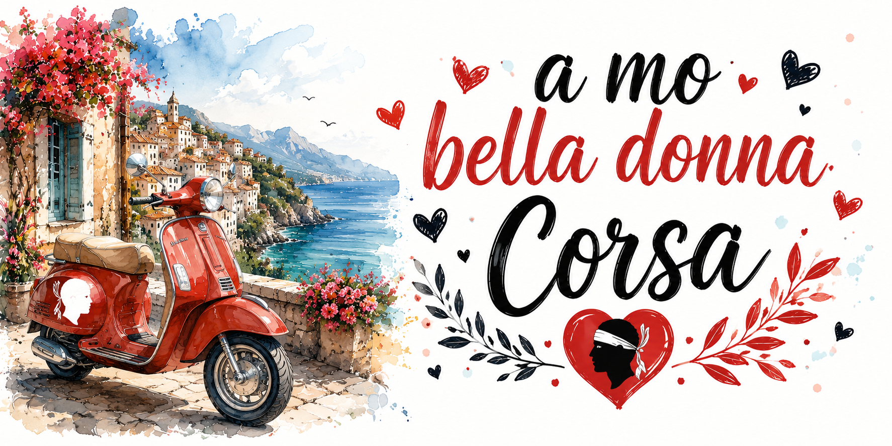 Visuel A mo bella donna Corsa : Vespa rouge, village perché, mer turquoise et cœur en lauriers