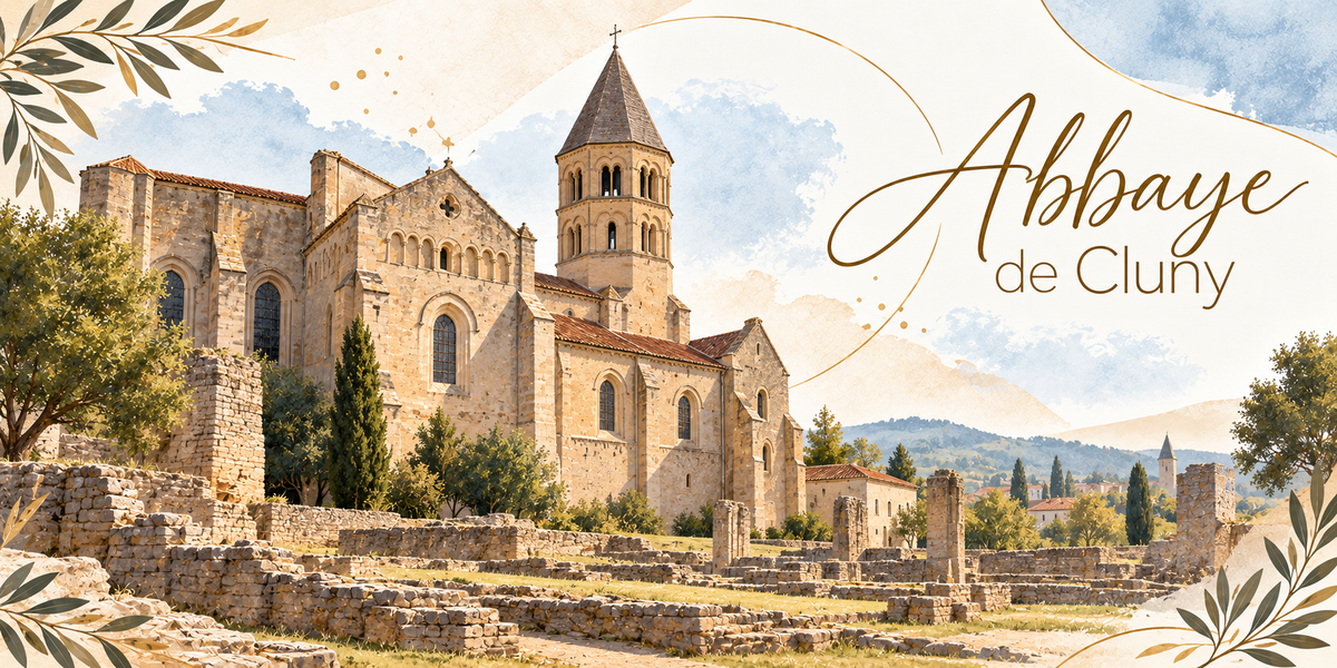 Visuel aquarellé de l'abbaye de Cluny vue de trois quarts, le bras du grand transept encore debout surmonté de son clocher octogonal à toiture de tuiles, ses hautes baies romanes et ses contreforts, les bases de colonnes et les vestiges de murs dans l'herbe au premier plan, les toits du bourg et les cyprès à droite, les collines du Mâconnais à l'horizon, des feuillages d'olivier en bordure et le titre Abbaye de Cluny en lettres dorées