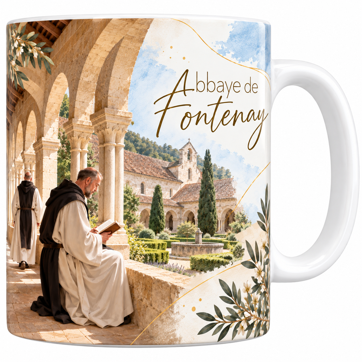 Mug céramique blanche 330 ml illustré de l'abbaye de Fontenay à l'aquarelle, la galerie du cloître et ses arcades sur colonnes jumelées, deux moines en habit clair dont un lisant, le jardin et l'abbatiale au fond, des feuillages d'olivier et le titre Abbaye de Fontenay en lettres dorées