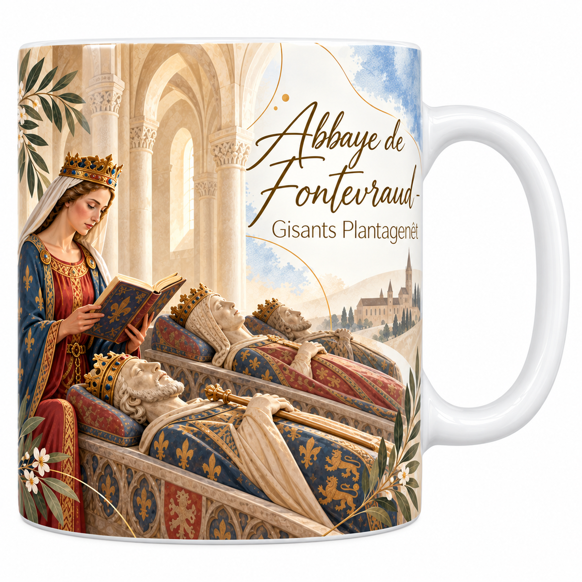 Mug céramique blanche 330 ml illustré de l'abbaye de Fontevraud à l'aquarelle, une reine couronnée en manteau rouge lisant un livre ouvert devant les gisants royaux alignés sous les arcades, leurs draperies bleues à fleurs de lys, et le titre Abbaye de Fontevraud - Gisants Plantagenêt en lettres dorées