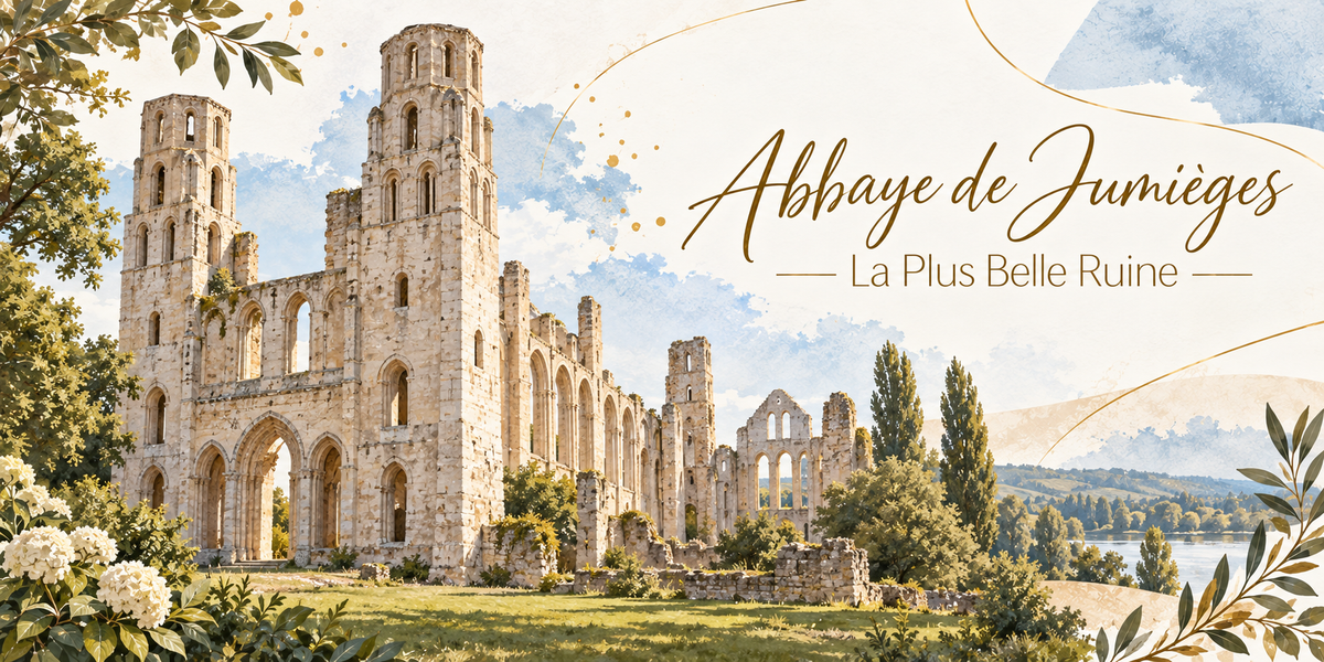 Visuel aquarellé des ruines de l'abbaye de Jumièges, ses deux hautes tours de façade encadrant la nef à ciel ouvert, les grandes arcades et les murs éventrés dressés sur la pelouse, les arbres qui les entourent, la Seine et les collines à droite, des hortensias blancs et des feuillages d'olivier au premier plan et le titre Abbaye de Jumièges - La Plus Belle Ruine en lettres dorées