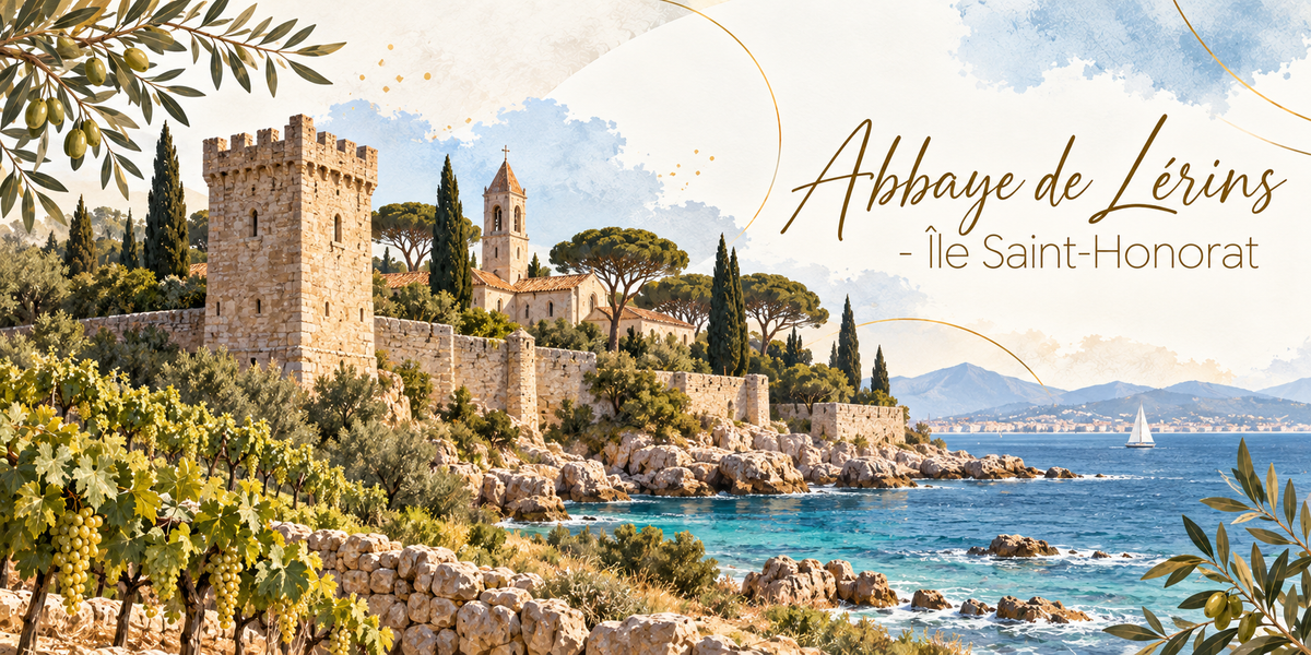 Visuel aquarellé de l'abbaye de Lérins sur l'île Saint-Honorat, le monastère fortifié et sa haute tour crénelée dressés au bord de l'eau, le clocher du monastère derrière les pins parasols et les cyprès, les rochers de la côte et la mer turquoise, un voilier au large et les collines de la côte au loin, des rangs de vigne au premier plan, des feuillages d'olivier en bordure et le titre Abbaye de Lérins - Île Saint-Honorat en lettres dorées