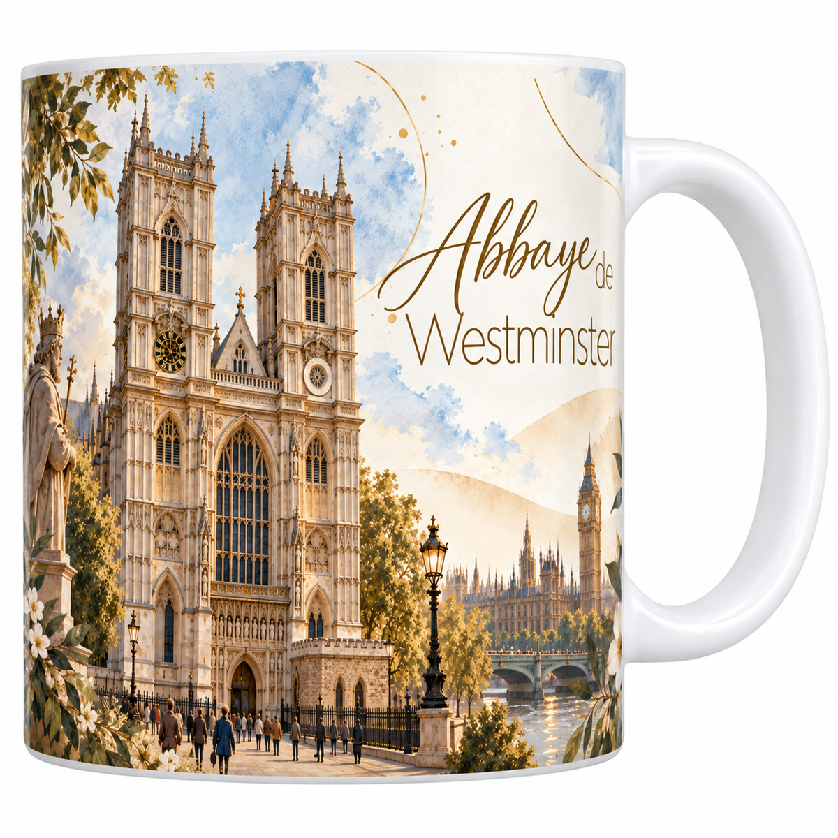 Mug céramique blanche 330 ml illustré de l'abbaye de Westminster à l'aquarelle, sa façade gothique aux hautes baies et sa rosace, une statue sur son socle et un réverbère noir, la Tamise et Big Ben à droite, des fleurs blanches et le titre Abbaye de Westminster en lettres dorées