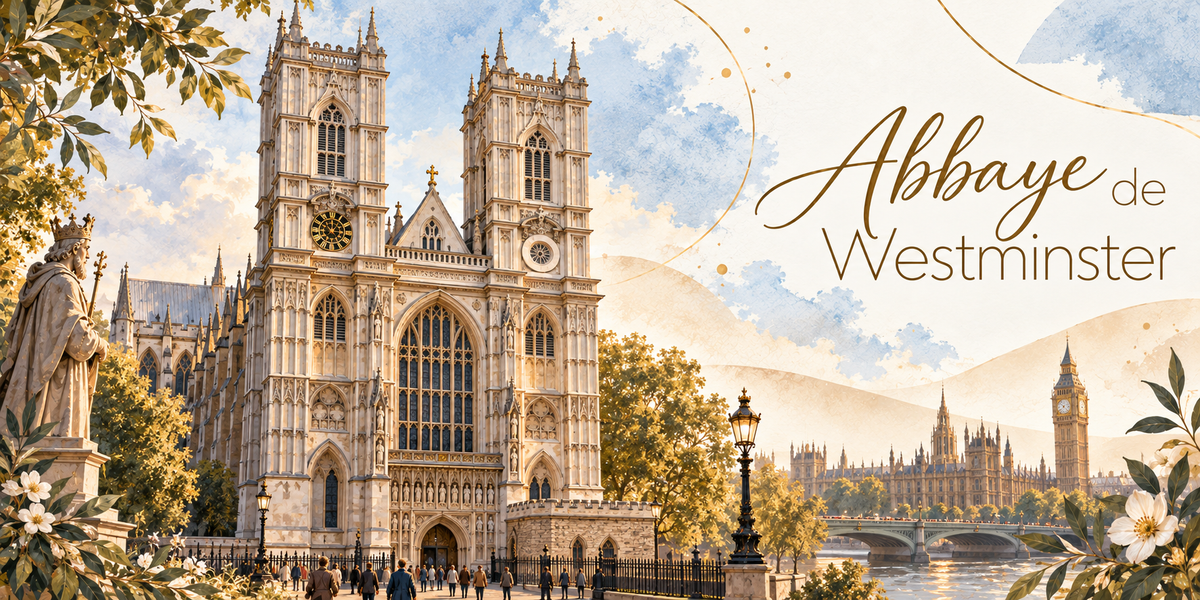 Visuel aquarellé de l'abbaye de Westminster à Londres, sa façade gothique aux hautes baies, ses pinacles et sa grande rosace, une statue dressée sur son socle au premier plan et un réverbère noir, les passants sur le trottoir, la Tamise franchie par un pont et le palais de Westminster avec Big Ben à droite, les arbres et des fleurs blanches en bordure et le titre Abbaye de Westminster en lettres dorées