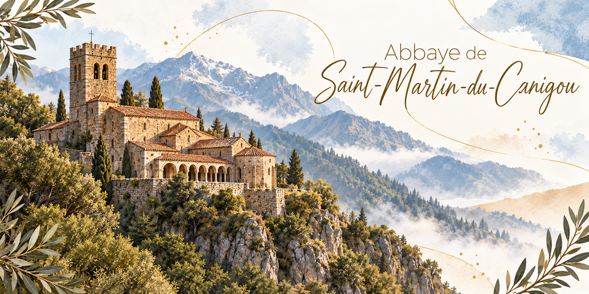 Visuel aquarellé de l'abbaye Saint-Martin-du-Canigou perchée sur son éperon rocheux, son clocher lombard carré couronné de créneaux, ses arcades et ses toits de tuiles adossés à la falaise, la forêt de sapins qui l'entoure, la brume flottant dans la vallée en contrebas, les sommets du Canigou à l'horizon, des feuillages d'olivier en bordure et le titre Abbaye de Saint-Martin-du-Canigou en lettres dorées