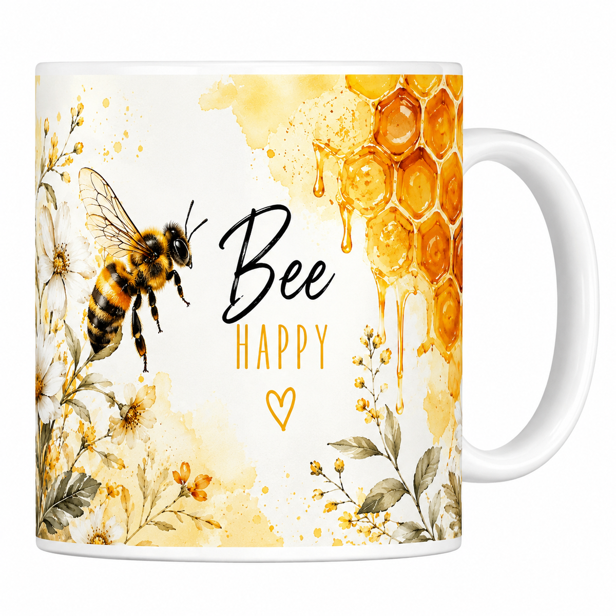 Mug céramique 330 ml abeille Bee Happy : abeille en vol, rayons de miel dorés et marguerites