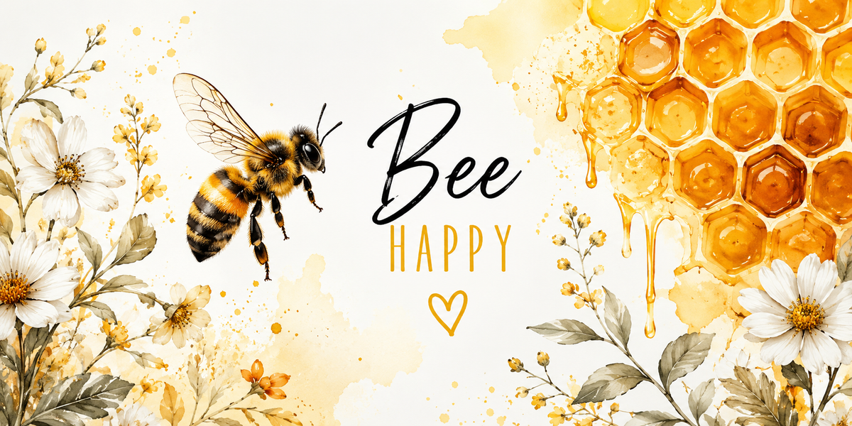 Visuel abeille Bee Happy : abeille aux ailes translucides, alvéoles de miel dorées, marguerites blanches