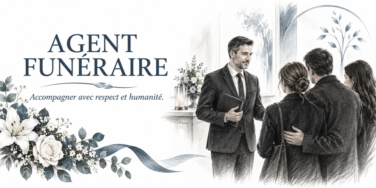 Visuel agent funéraire : les mots AGENT FUNÉRAIRE en grandes capitales bleu marine à empattements sur deux lignes soulignées d'un filet, la devise manuscrite bleu-gris Accompagner avec respect et humanité, un bouquet de lys et de roses blanches avec feuillages gris-vert et un ruban bleu-gris, un dessin au crayon d'un agent en costume sombre tenant un porte-documents, la main posée sur l'épaule d'une femme, accueillant une famille devant des vitraux