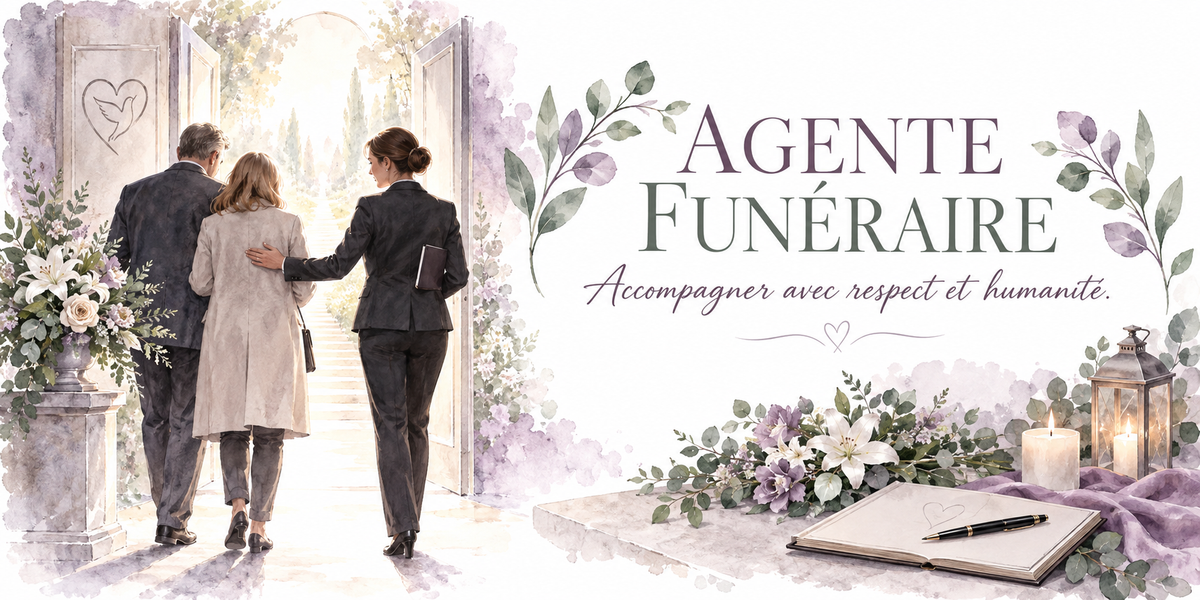 Visuel agente funéraire : les mots Agente Funéraire en grandes capitales serif bleu marine encadrées de feuillages d'eucalyptus et de fleurs mauves, la devise manuscrite bleu-gris Accompagner avec respect et humanité avec un petit cœur, une porte voûtée blanche ornée d'un cœur ouverte sur un jardin, une agente en tailleur sombre au porte-documents entourant de son bras une femme en manteau beige, un registre ouvert avec stylo, des bougies allumées, une lanterne et des lys blancs