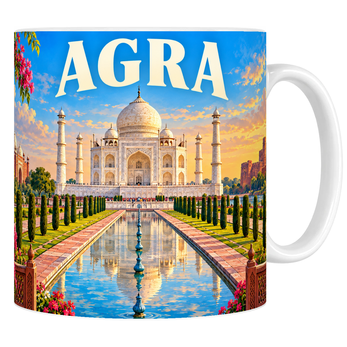 Mug en céramique blanc 330 ml, affiche Agra : Taj Mahal, bassin réfléchissant, cyprès et fort de grès rouge