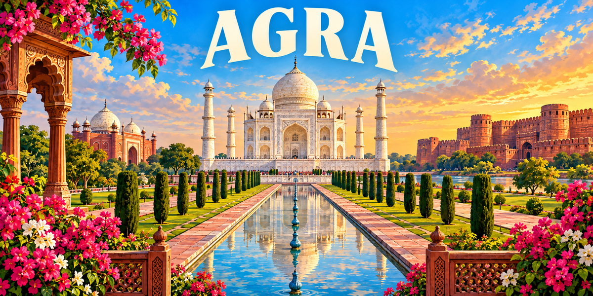 Illustration affiche vintage Agra : Taj Mahal en marbre blanc, bassin des jardins moghols, cyprès et arcade de grès rouge