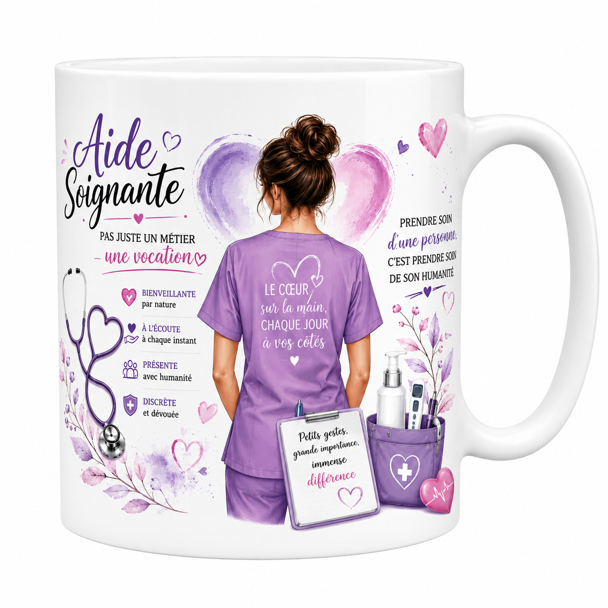 Mug aide-soignante 330 ml, aide-soignante de dos en tenue violette et Le cœur sur la main