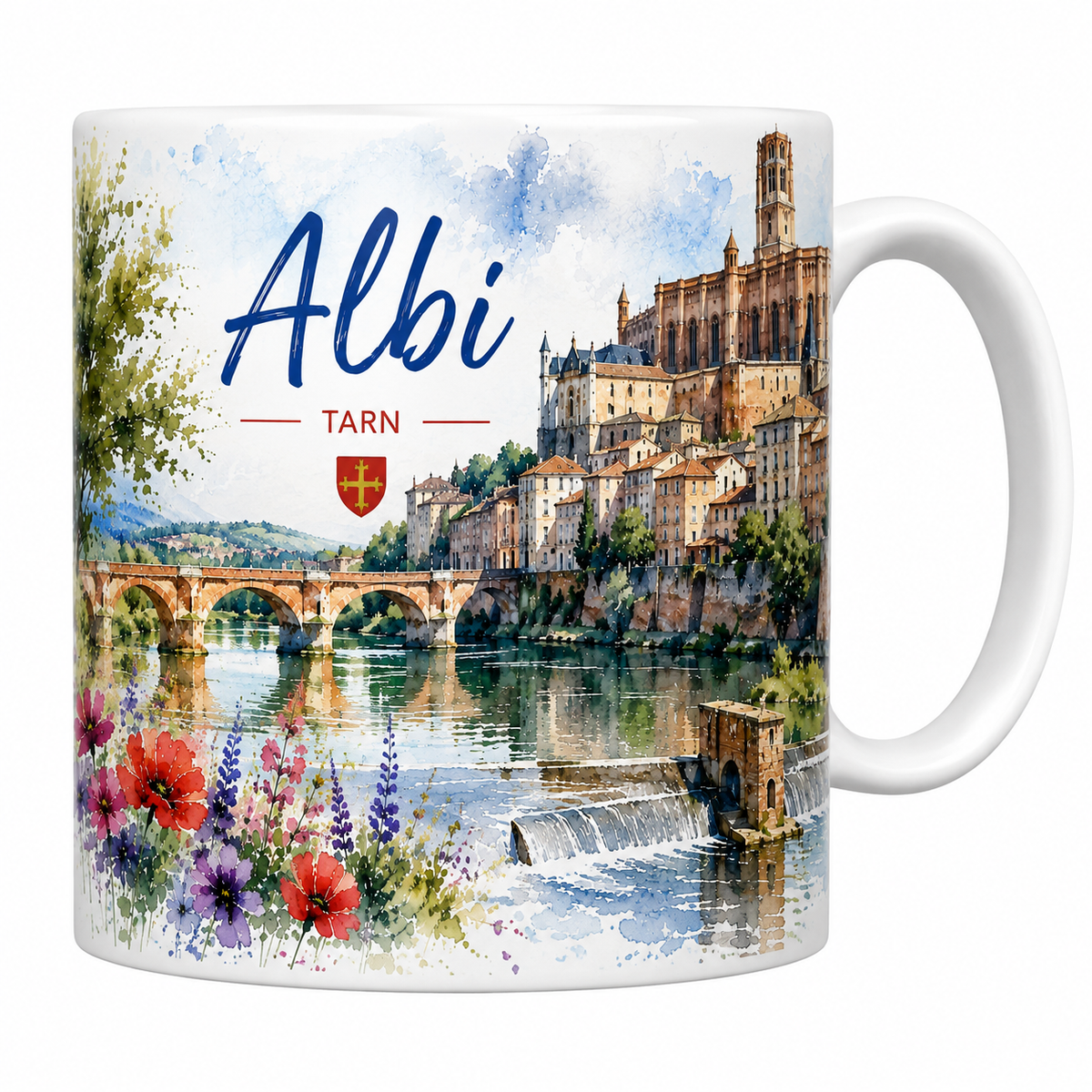 Mug céramique blanc Albi : cathédrale Sainte-Cécile en brique, Pont Vieux sur le Tarn et blason à la croix d'or