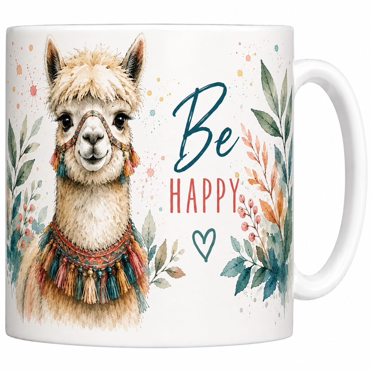 Mug céramique 330 ml alpaga Be Happy : alpaga crème à collier tissé multicolore, feuillages aquarelle
